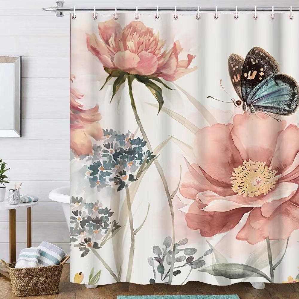 Printed Plant Flower Shower Curtain - Spring Floral Bathroom Decor, Classy Home Accessory, Perfect Bathroom Decor