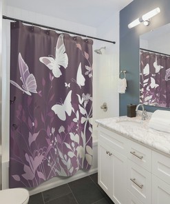 Printed Shower Curtain With Silhouettes And Dancing Butterflies Soft Lavender Pink White With Romantic Ambiance