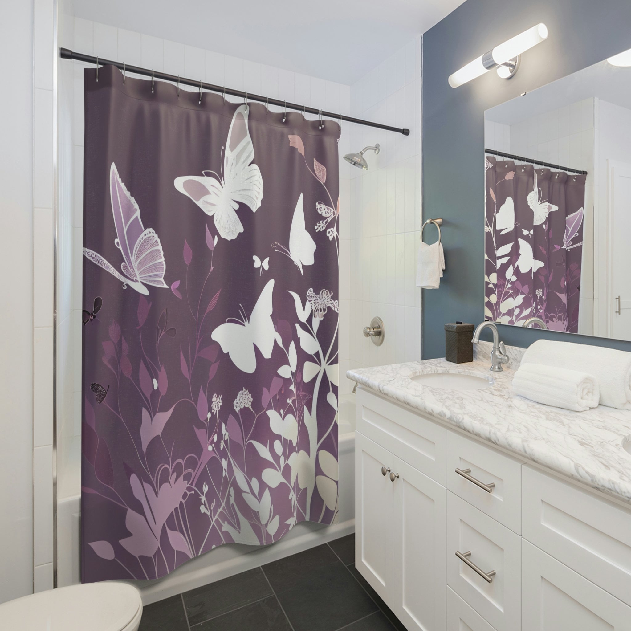 Printed Shower Curtain With Silhouettes And Dancing Butterflies Soft Lavender Pink White With Romantic Ambiance