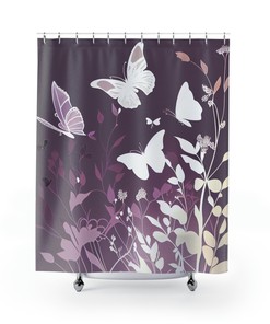 Printed Shower Curtain With Silhouettes And Dancing Butterflies Soft Lavender Pink White With Romantic Ambiance