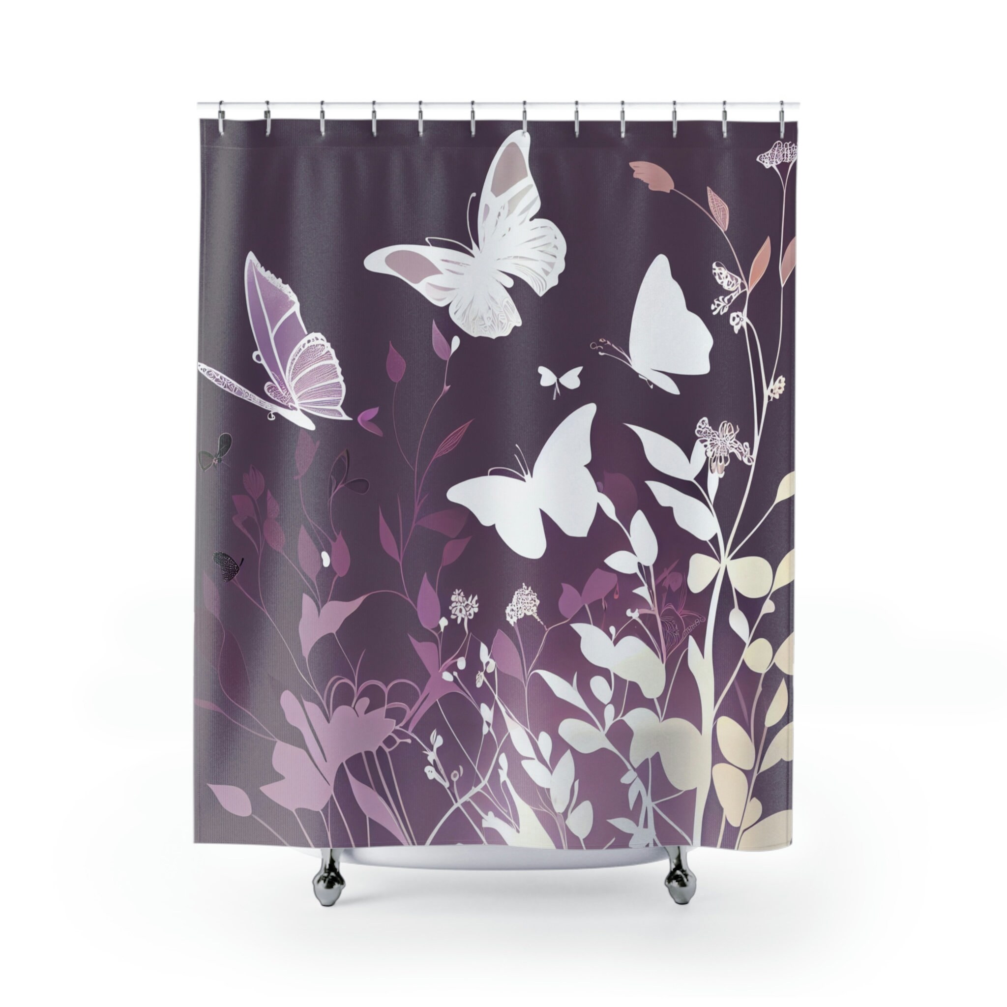 Printed Shower Curtain With Silhouettes And Dancing Butterflies Soft Lavender Pink White With Romantic Ambiance