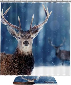 Proud Noble Deer Male in Winter Snow Forest Shower Curtain for Bathroom Decor
