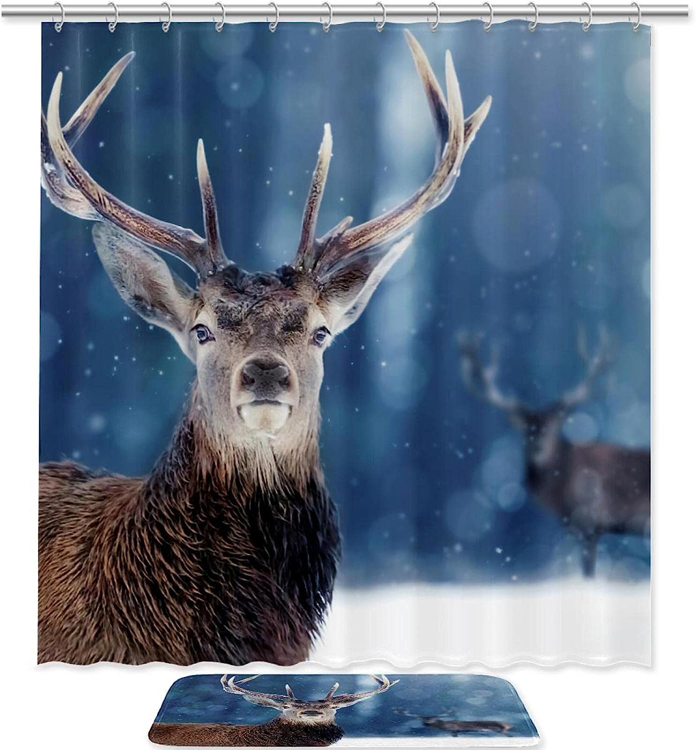 Proud Noble Deer Male in Winter Snow Forest Shower Curtain for Bathroom Decor