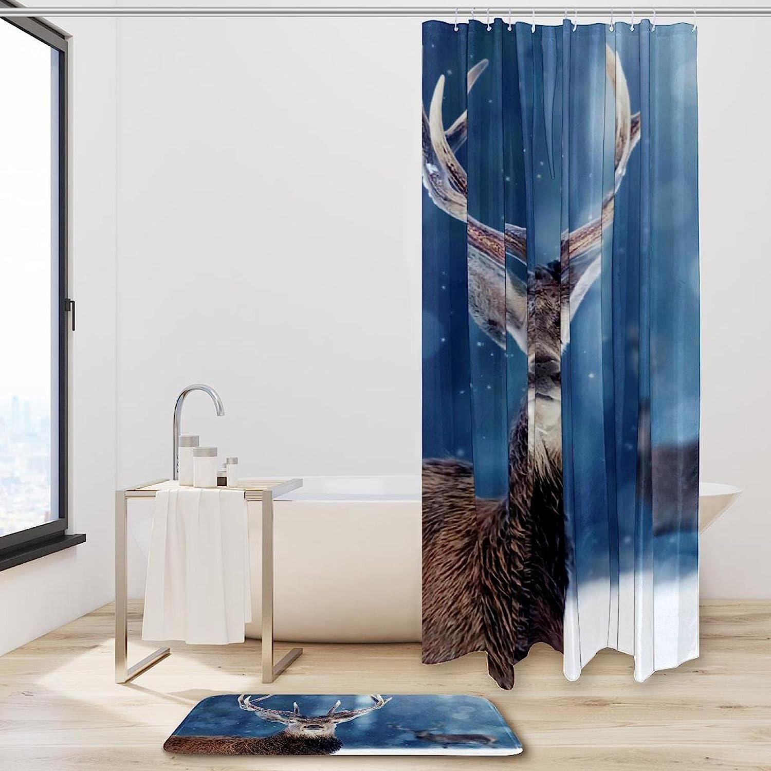 Proud Noble Deer Male in Winter Snow Forest Shower Curtain for Bathroom Decor
