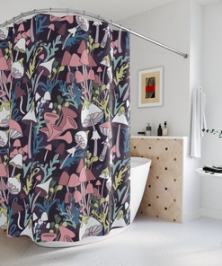Psychedelic Boho Shower Curtain With Mushroom And Plant Print