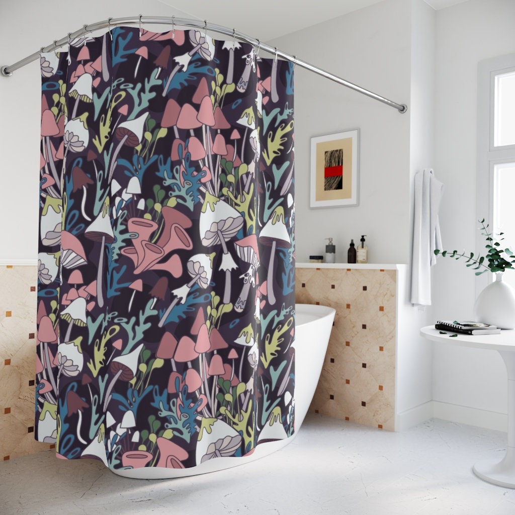 Psychedelic Boho Shower Curtain With Mushroom And Plant Print