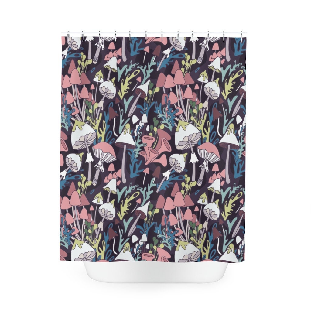 Psychedelic Boho Shower Curtain With Mushroom And Plant Print