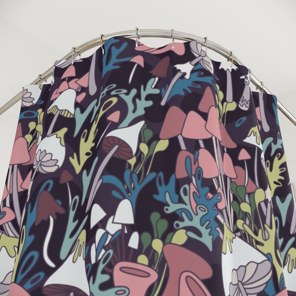 Psychedelic Boho Shower Curtain With Mushroom And Plant Print