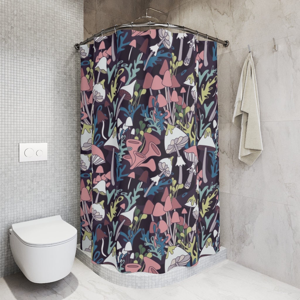 Psychedelic Boho Shower Curtain With Mushroom And Plant Print