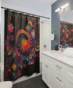 Psychedelic Cosmic Garden Print Shower Curtain For Colorful Bathroom Decor