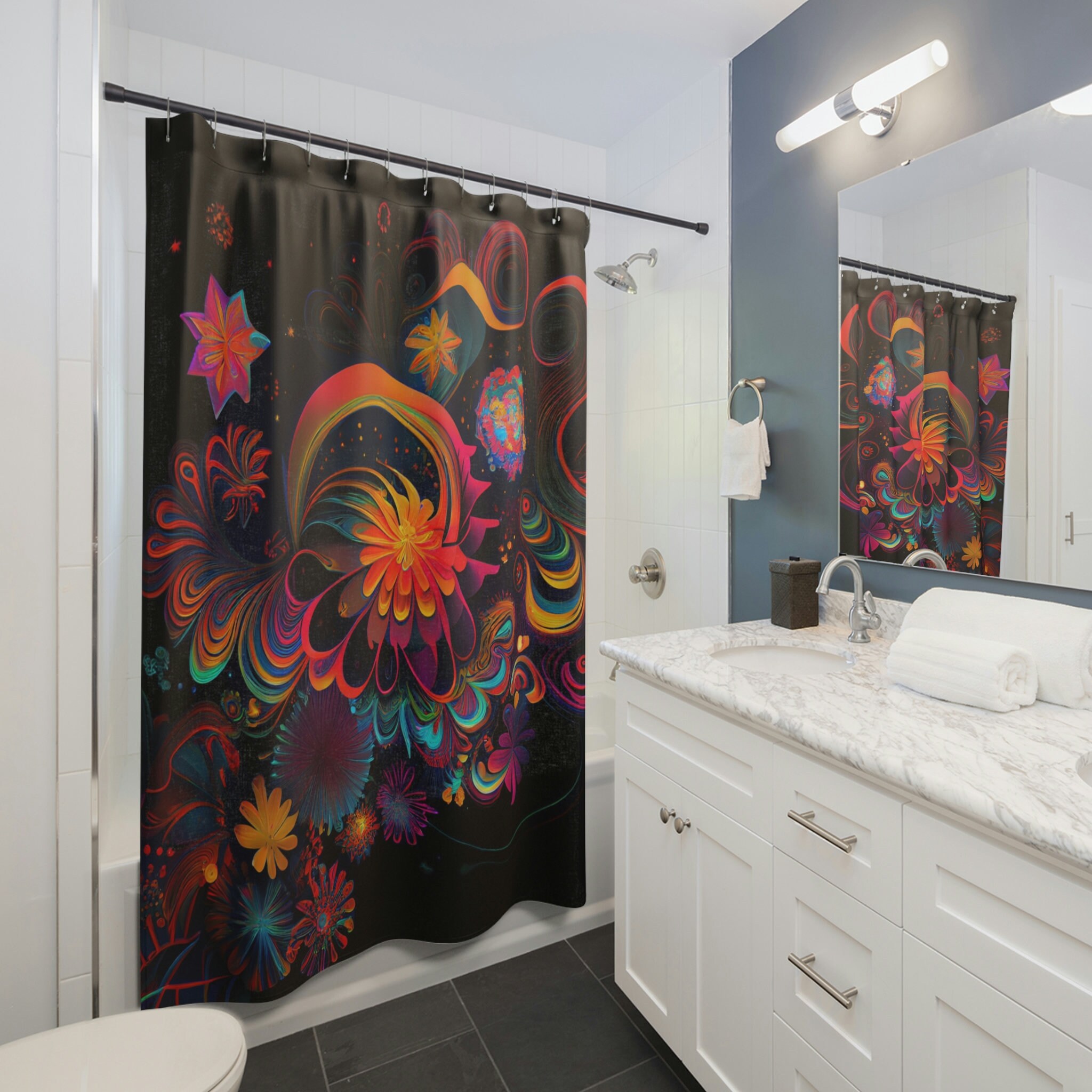 Psychedelic Cosmic Garden Print Shower Curtain For Colorful Bathroom Decor