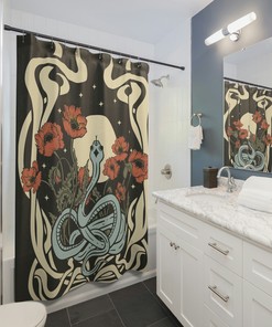 Psychedelic Floral Snake Bathroom Decor Shower Curtain With Celestial Moon