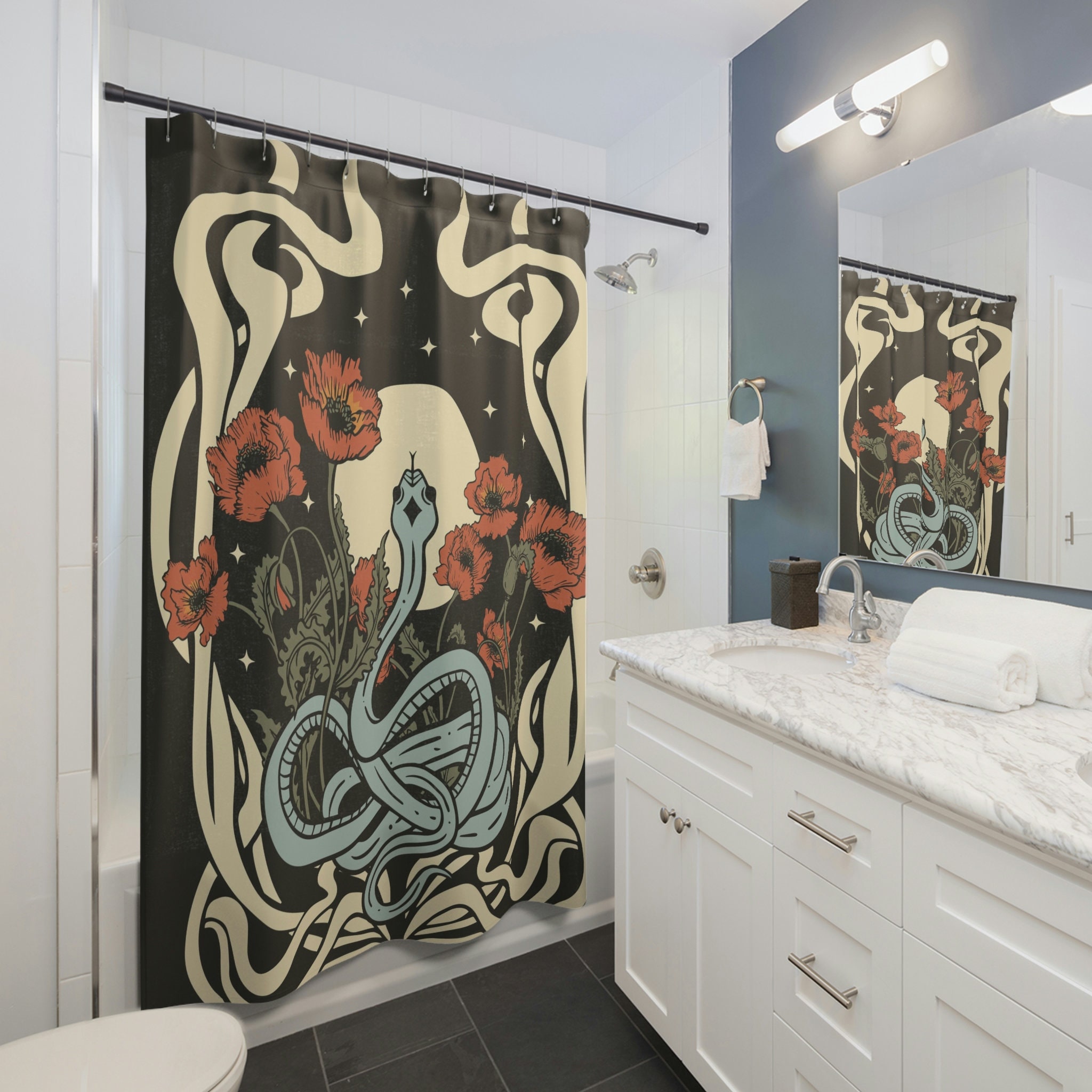 Psychedelic Floral Snake Bathroom Decor Shower Curtain With Celestial Moon
