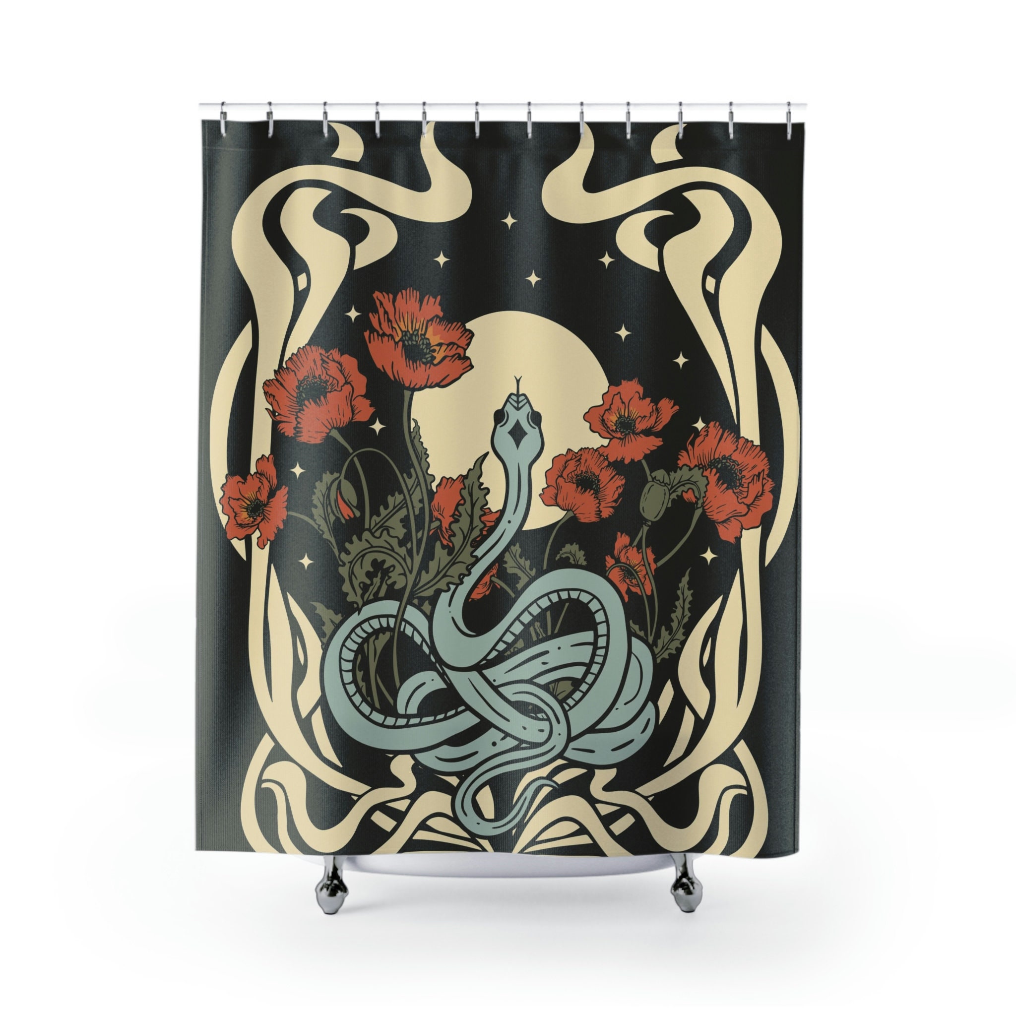 Psychedelic Floral Snake Bathroom Decor Shower Curtain With Celestial Moon - Image 2