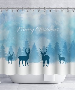 Psychedelic Forest Cedar Pattern Christmas Elk Shower Curtain, Winter Bathroom Decor with Festive Print 