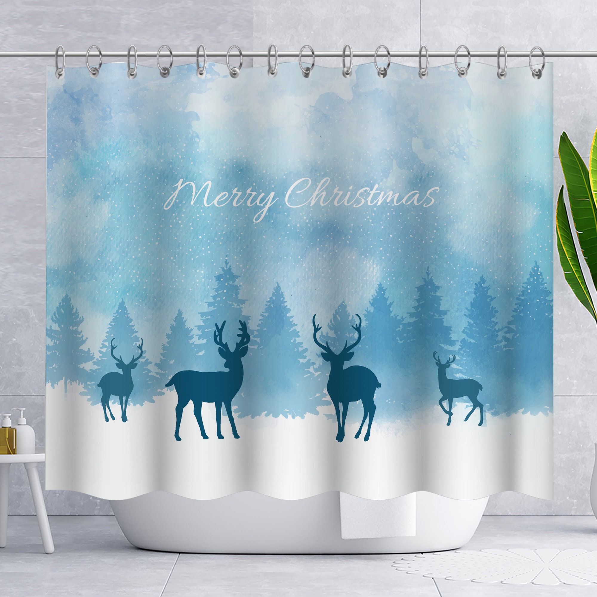 Psychedelic Forest Cedar Pattern Christmas Elk Shower Curtain, Winter Bathroom Decor with Festive Print