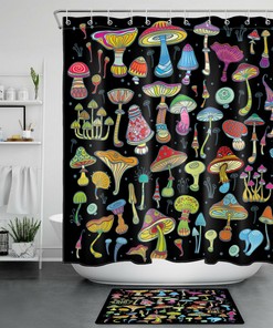 Psychedelic Mushroom Black Shower Curtain, Colorful Bathroom Decor by Vantaso