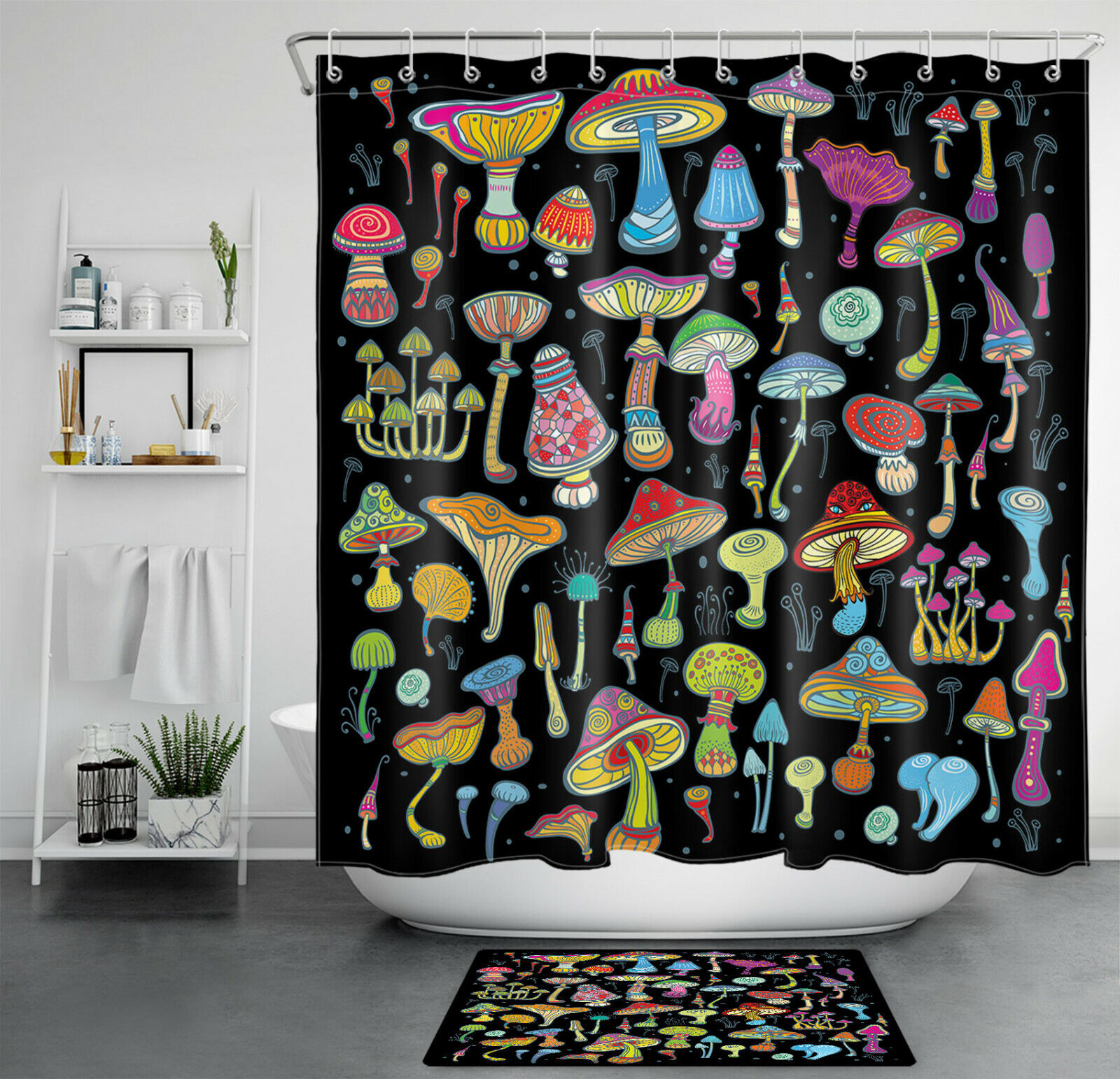 Psychedelic Mushroom Black Shower Curtain, Colorful Bathroom Decor by Vantaso