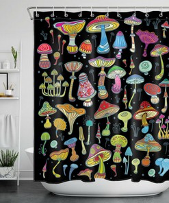 Psychedelic Mushroom Black Shower Curtain, Colorful Bathroom Decor by Vantaso