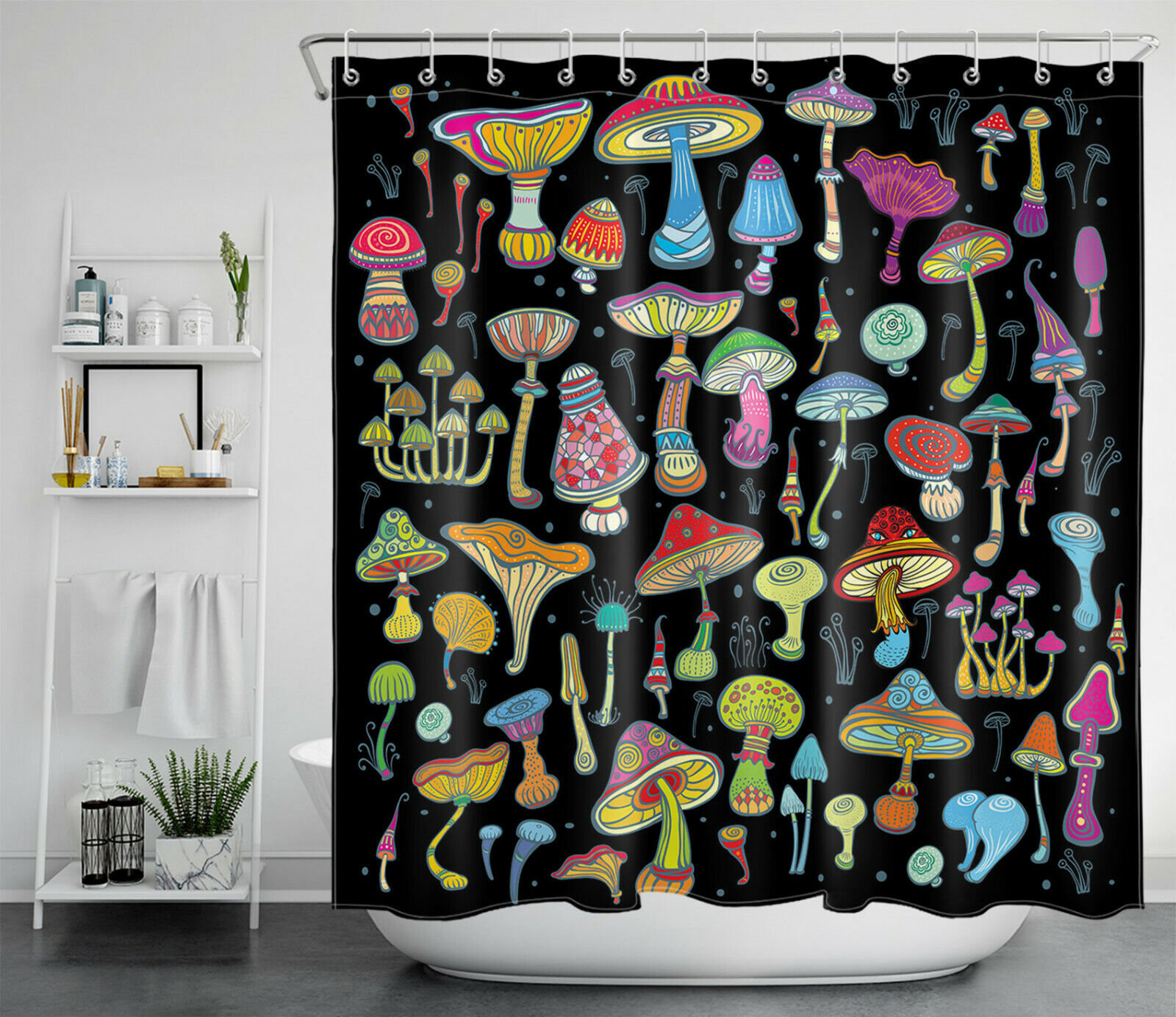Psychedelic Mushroom Black Shower Curtain, Colorful Bathroom Decor by Vantaso