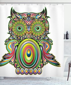 Psychedelic Owl Shower Curtain, Colorful Eye Feather Art Print, Cloth Bathroom Decor