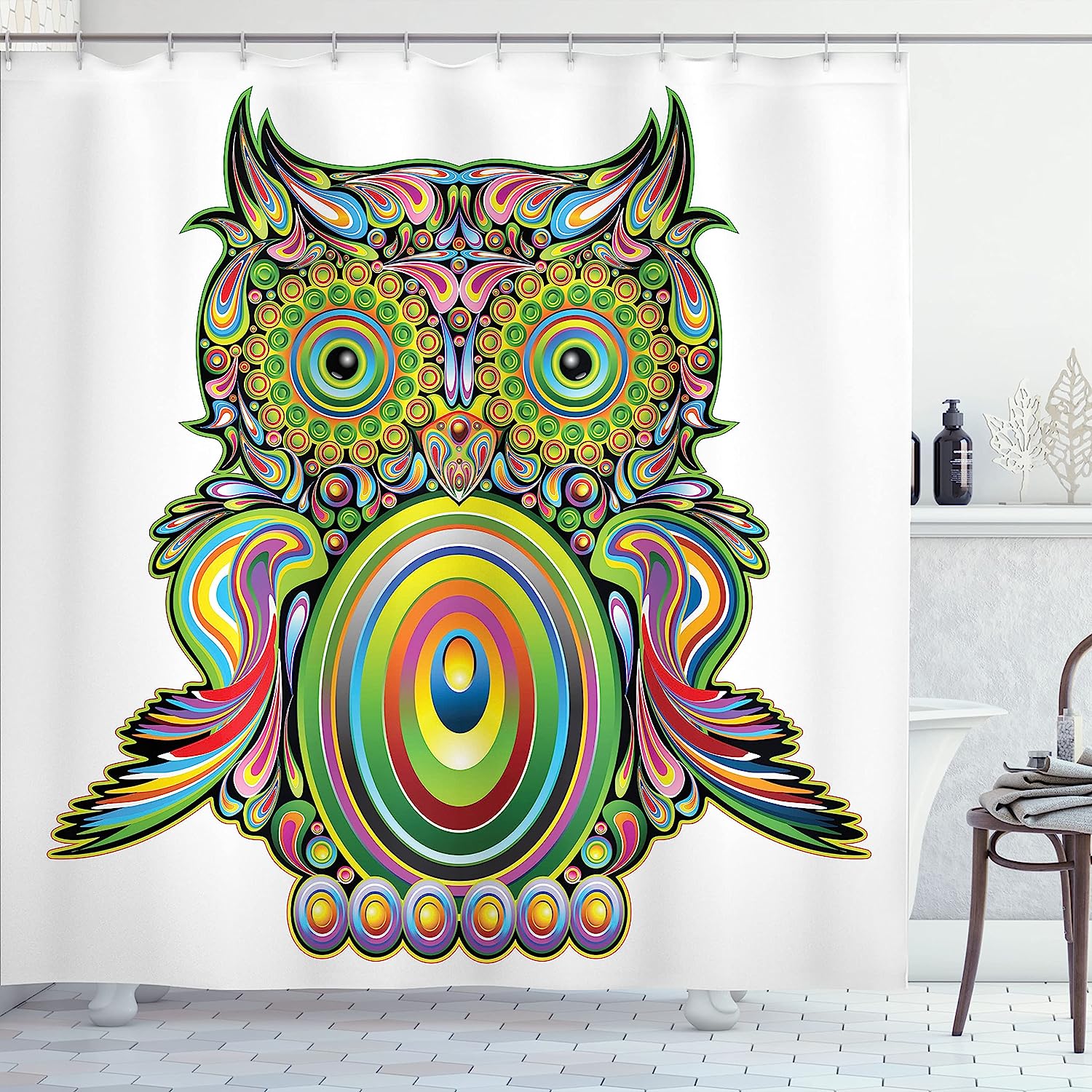 Psychedelic Owl Shower Curtain, Colorful Eye Feather Art Print, Cloth Bathroom Decor