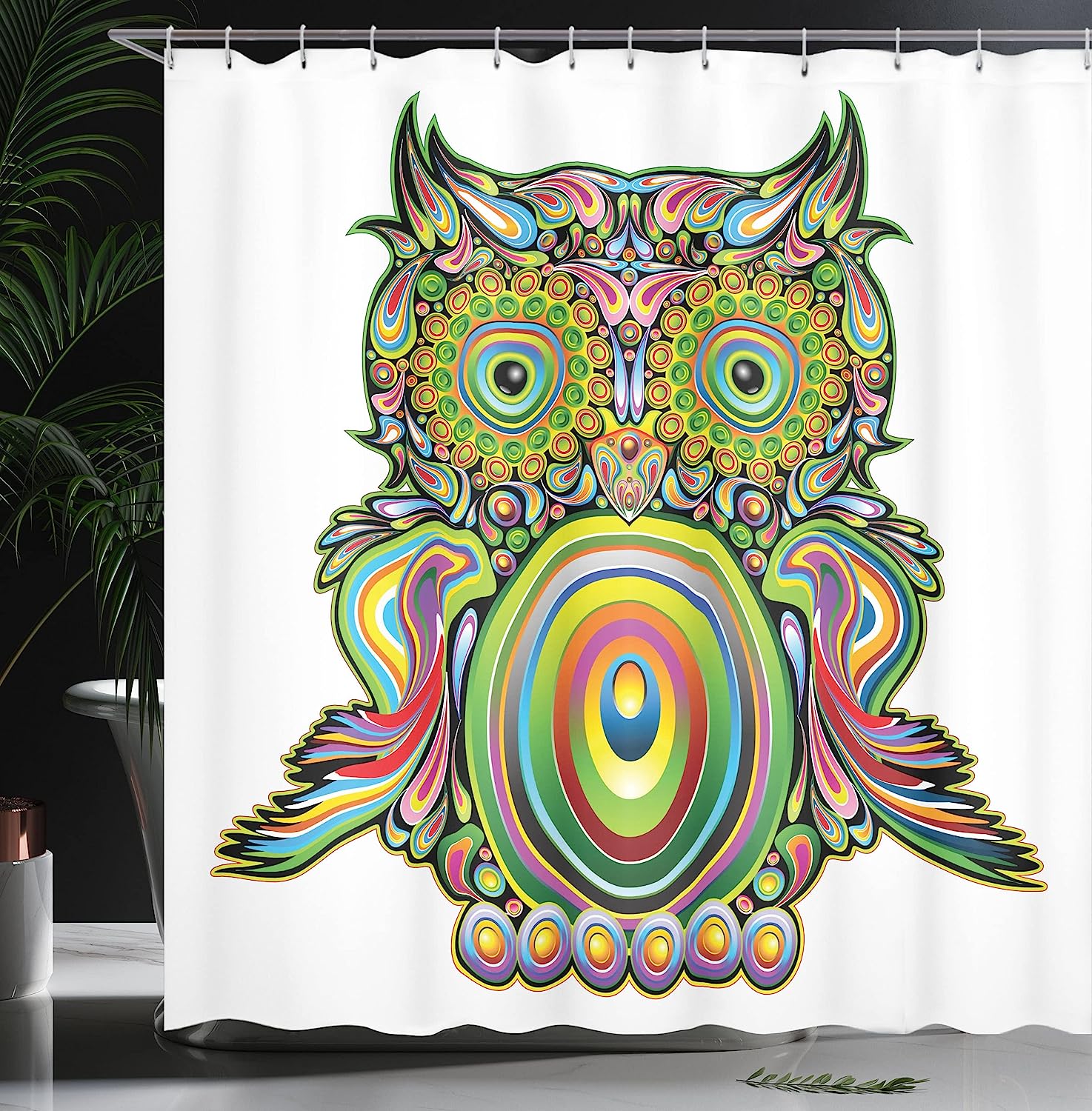 Psychedelic Owl Shower Curtain, Colorful Eye Feather Art Print, Cloth Bathroom Decor - Image 3