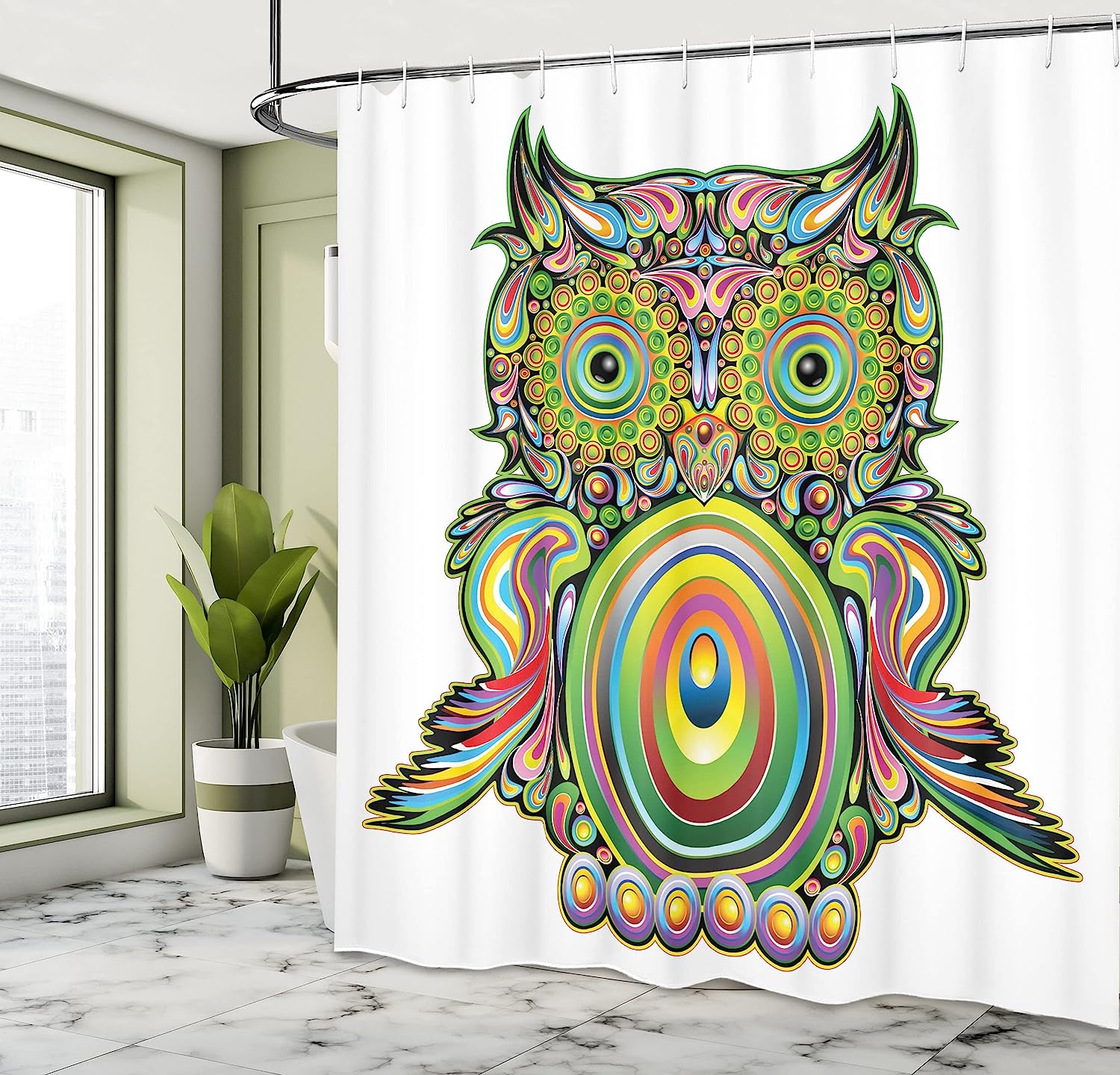 Psychedelic Owl Shower Curtain, Colorful Eye Feather Art Print, Cloth Bathroom Decor - Image 4