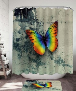 Psychedelic Rainbow Butterfly on Concrete Shower Curtain for a Unique and Artistic Bathroom