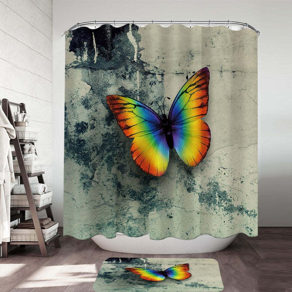 Psychedelic Rainbow Butterfly on Concrete Shower Curtain for a Unique and Artistic Bathroom