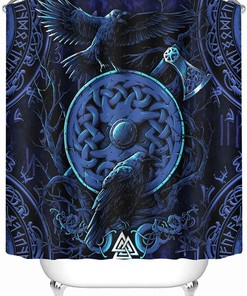Psychedelic Runes Nordic Raven Shower Curtain - Viking Theme Bathroom Decor