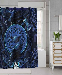 Psychedelic Runes Nordic Raven Shower Curtain - Viking Theme Bathroom Decor