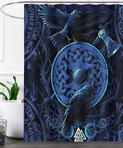 Psychedelic Runes Nordic Raven Shower Curtain - Viking Theme Bathroom Decor