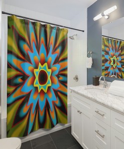 Psychedelic Star Flower Kaleidoscopic Shower Curtain, Fun Bathroom Decor with Unique Print 