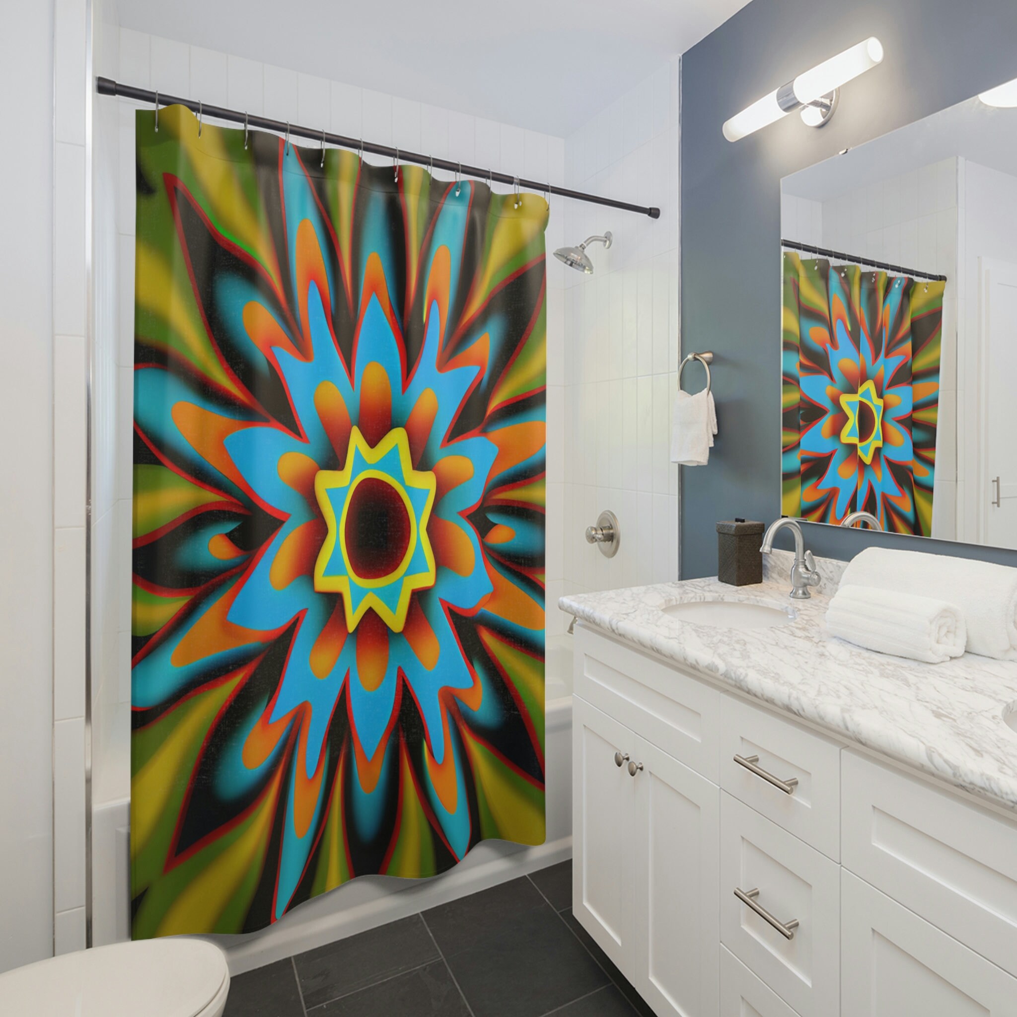 Psychedelic Star Flower Kaleidoscopic Shower Curtain, Fun Bathroom Decor with Unique Print