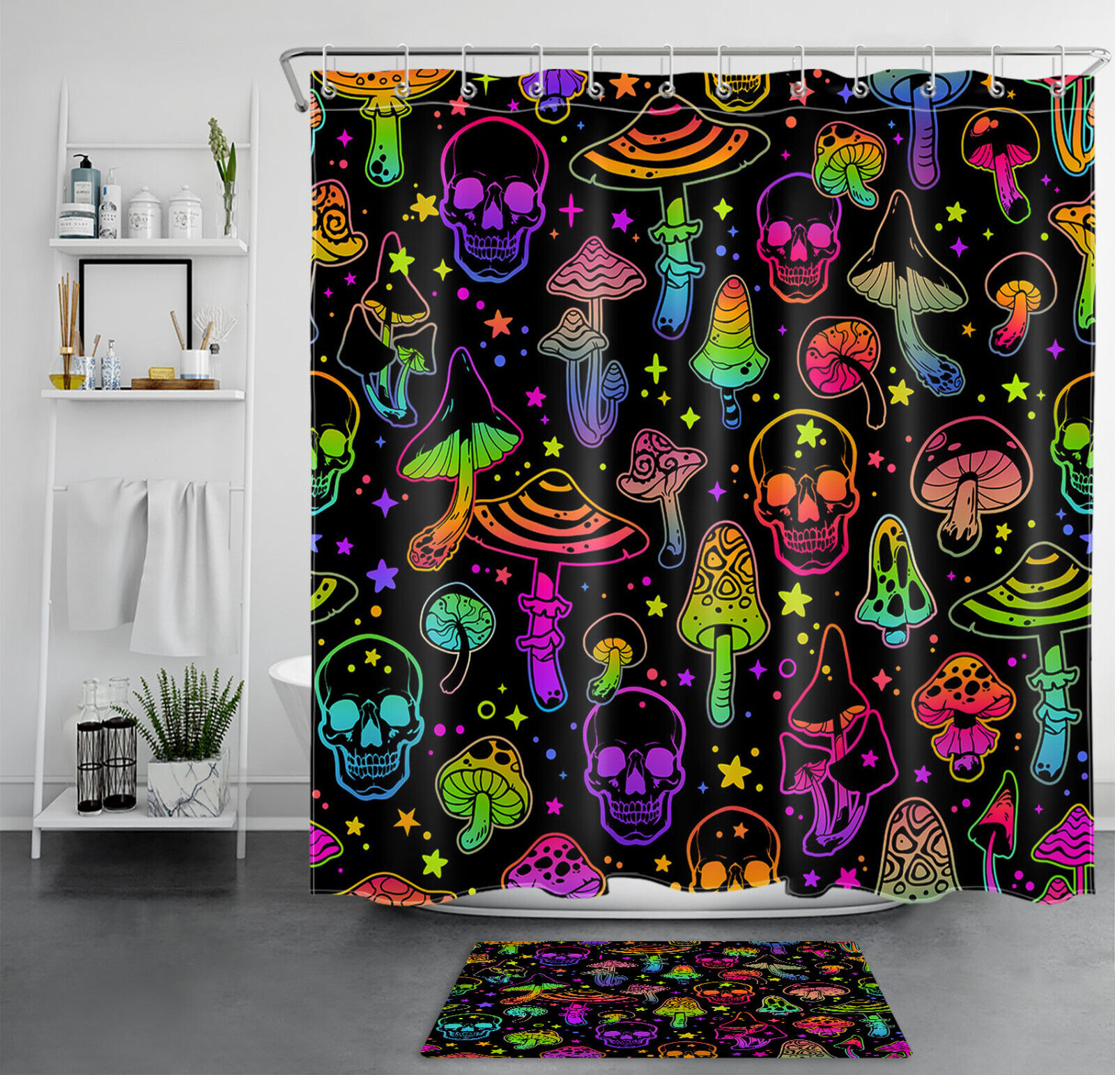 Psychedelic Star Skull Colorful Mushroom Shower Curtain, Unique Bathroom Accessories