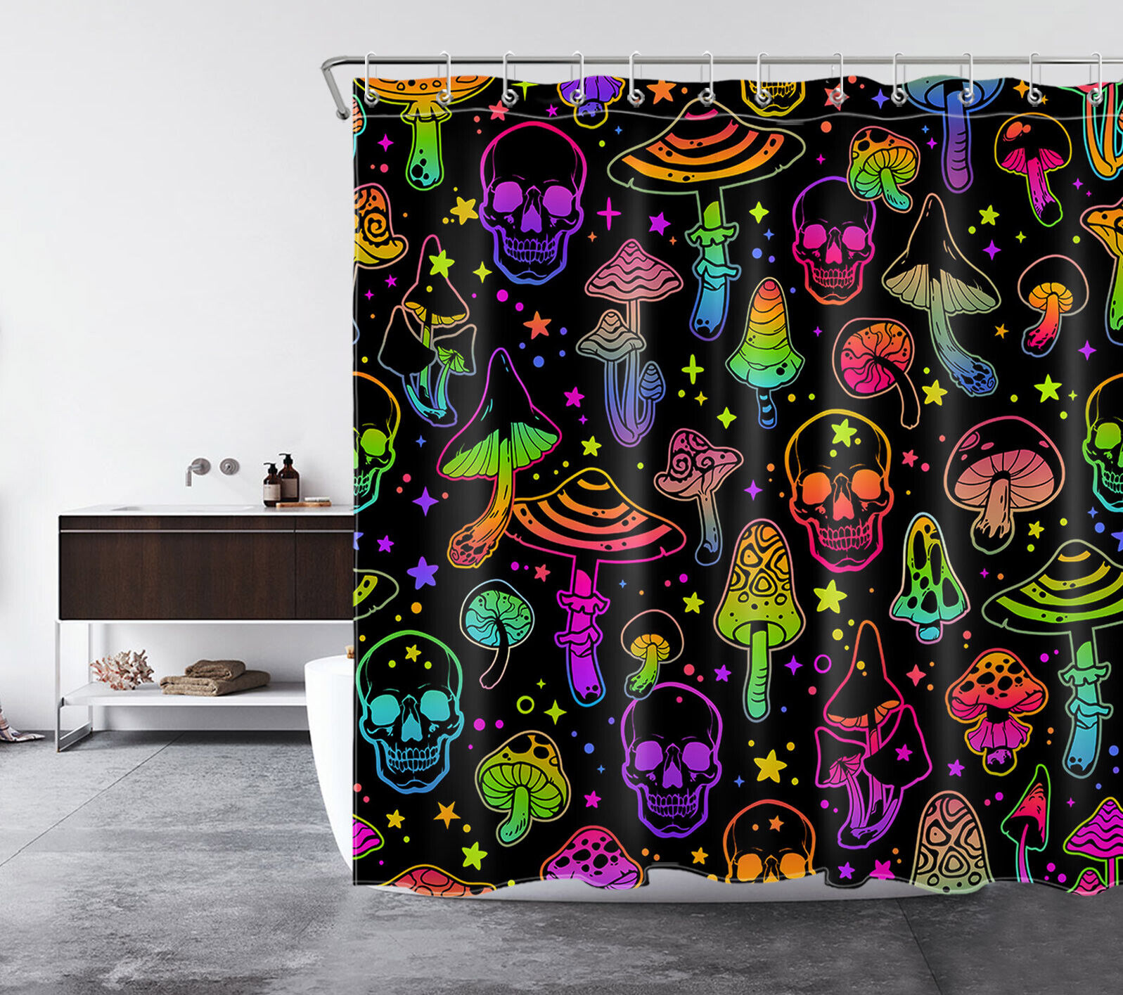 Psychedelic Star Skull Colorful Mushroom Shower Curtain, Unique Bathroom Accessories