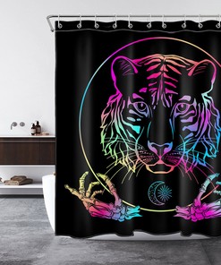 Psychedelic Tiger Head Fabric Shower Curtain With Colorful Hand Design, Ideal Bathroom Accessory.