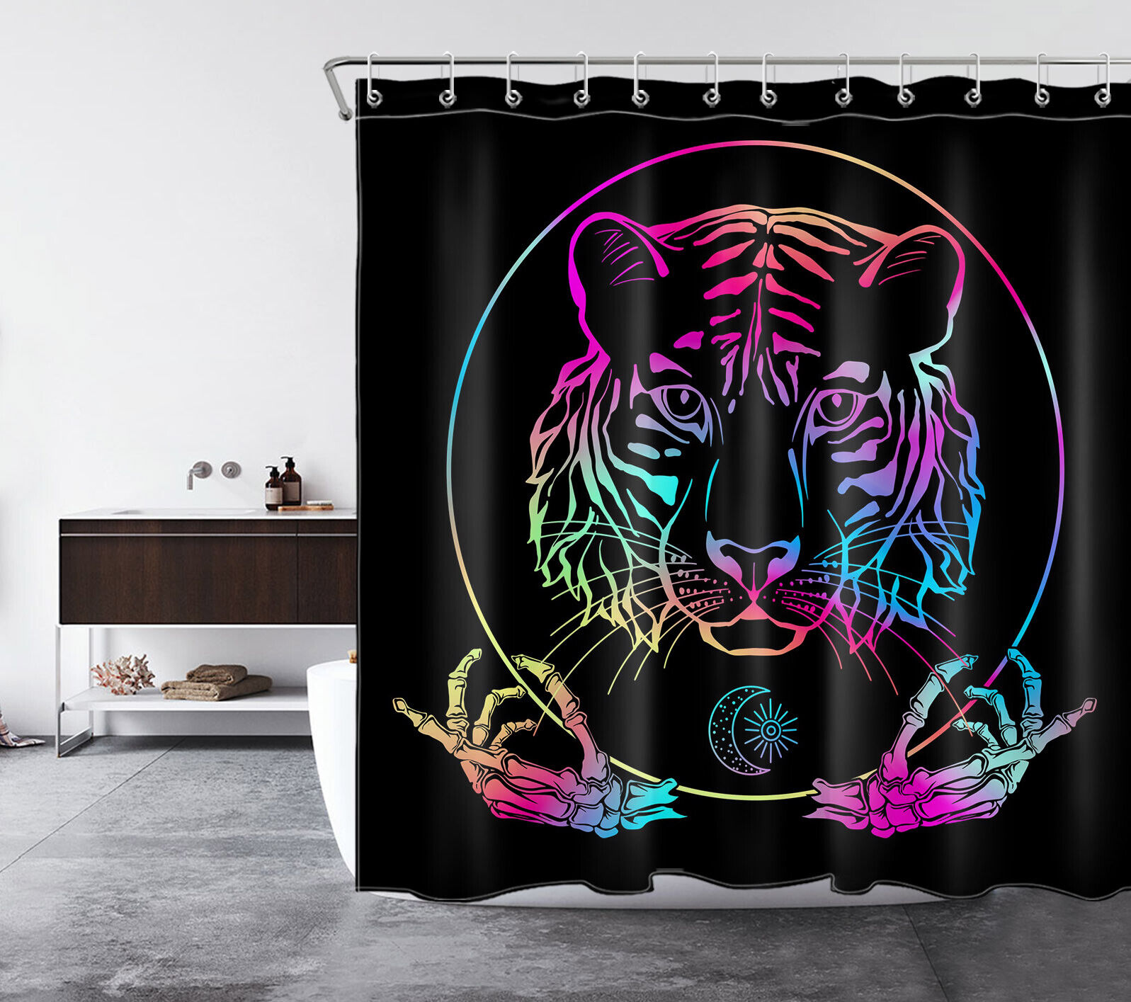 Psychedelic Tiger Head Fabric Shower Curtain With Colorful Hand Design, Ideal Bathroom Accessory.