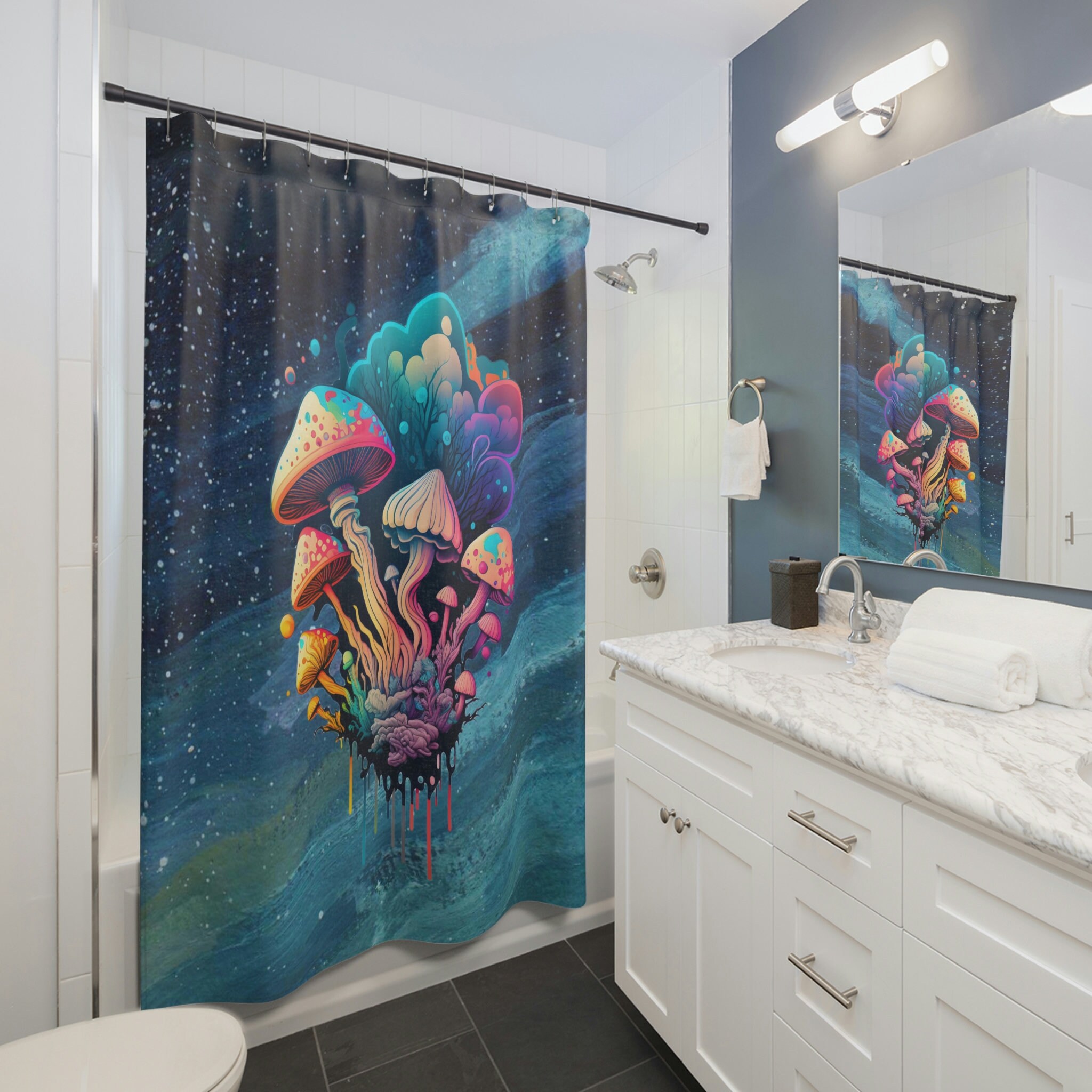 Psychedelic Winter Mushrooms Shower Curtain for Groovy Bathroom Decor