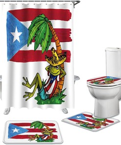 Puerto Rico Flag Frog Lying On Coconut Tree Watercolor Shower Curtain Set, Perfect For A Vibrant Bathroom Makeover