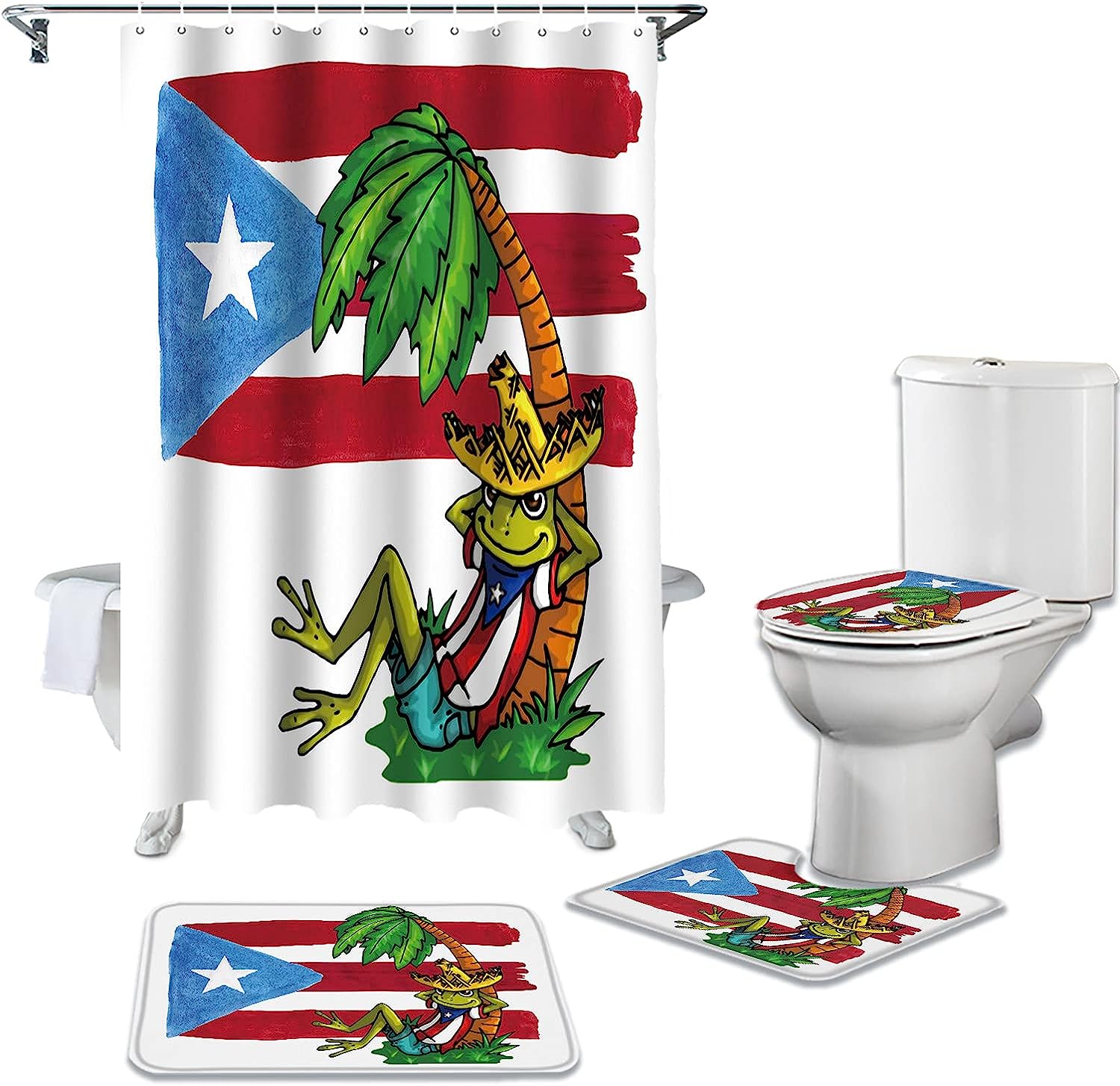 Puerto Rico Flag Frog Lying On Coconut Tree Watercolor Shower Curtain Set, Perfect For A Vibrant Bathroom Makeover