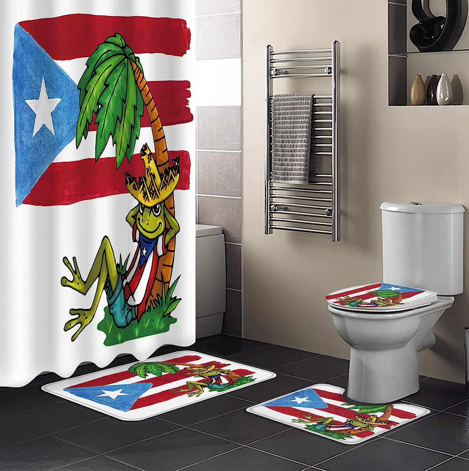Puerto Rico Flag Frog Lying On Coconut Tree Watercolor Shower Curtain Set, Perfect For A Vibrant Bathroom Makeover - Image 2