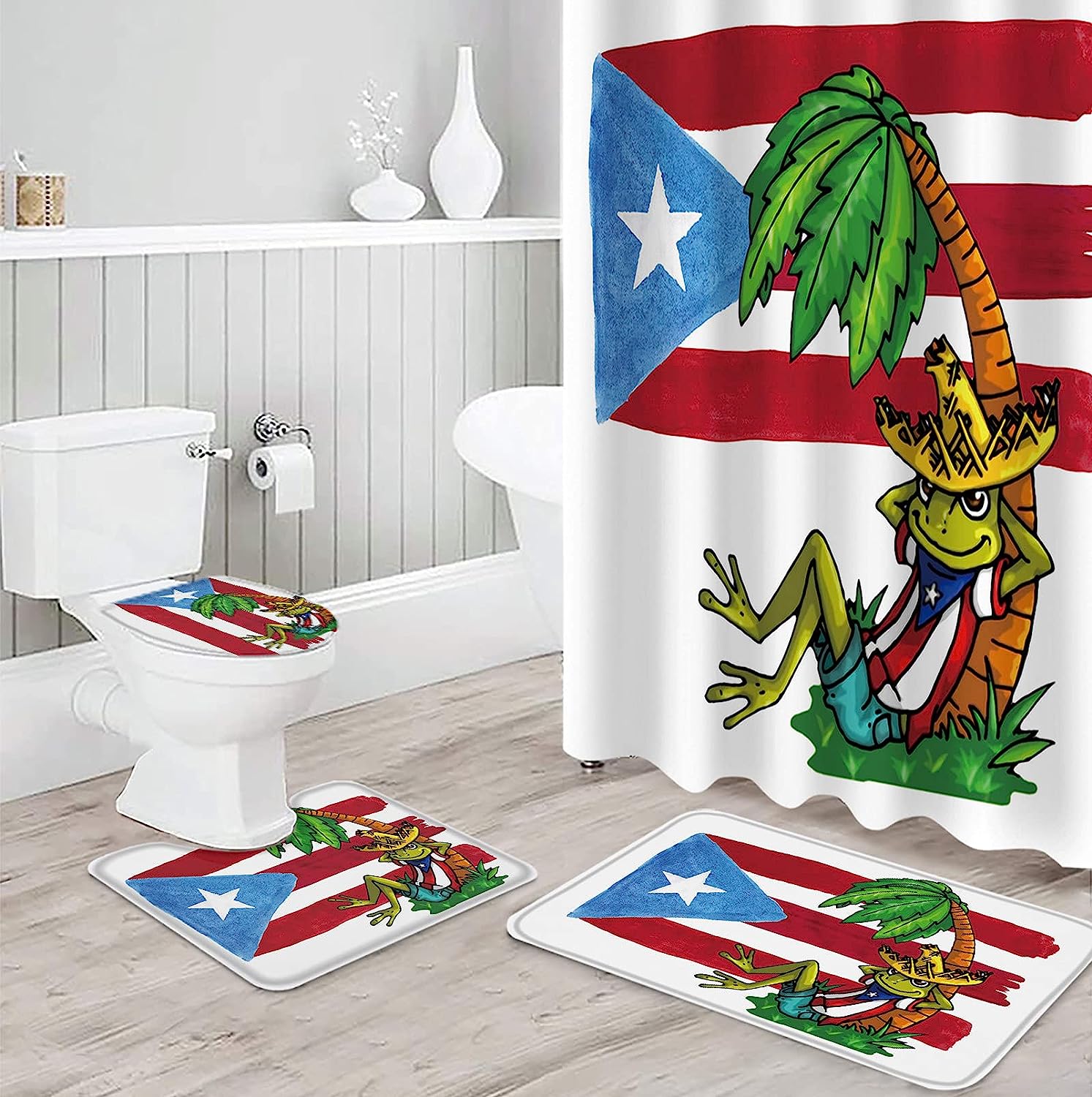 Puerto Rico Flag Frog Lying On Coconut Tree Watercolor Shower Curtain Set, Perfect For A Vibrant Bathroom Makeover - Image 3