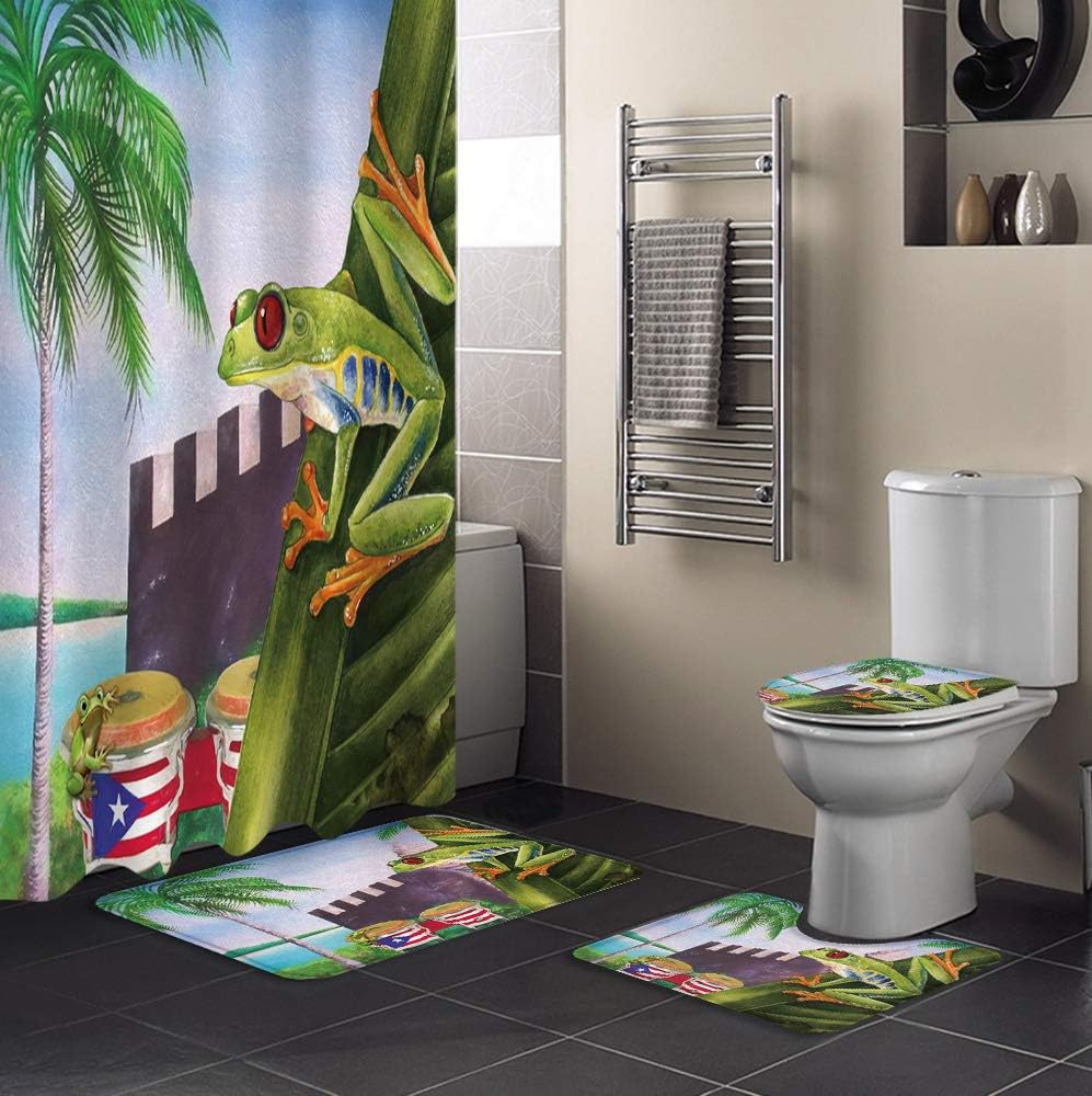 Puerto Rico Flag Frog Vintage Tropical Plant Coconut Tree Print Shower Curtain