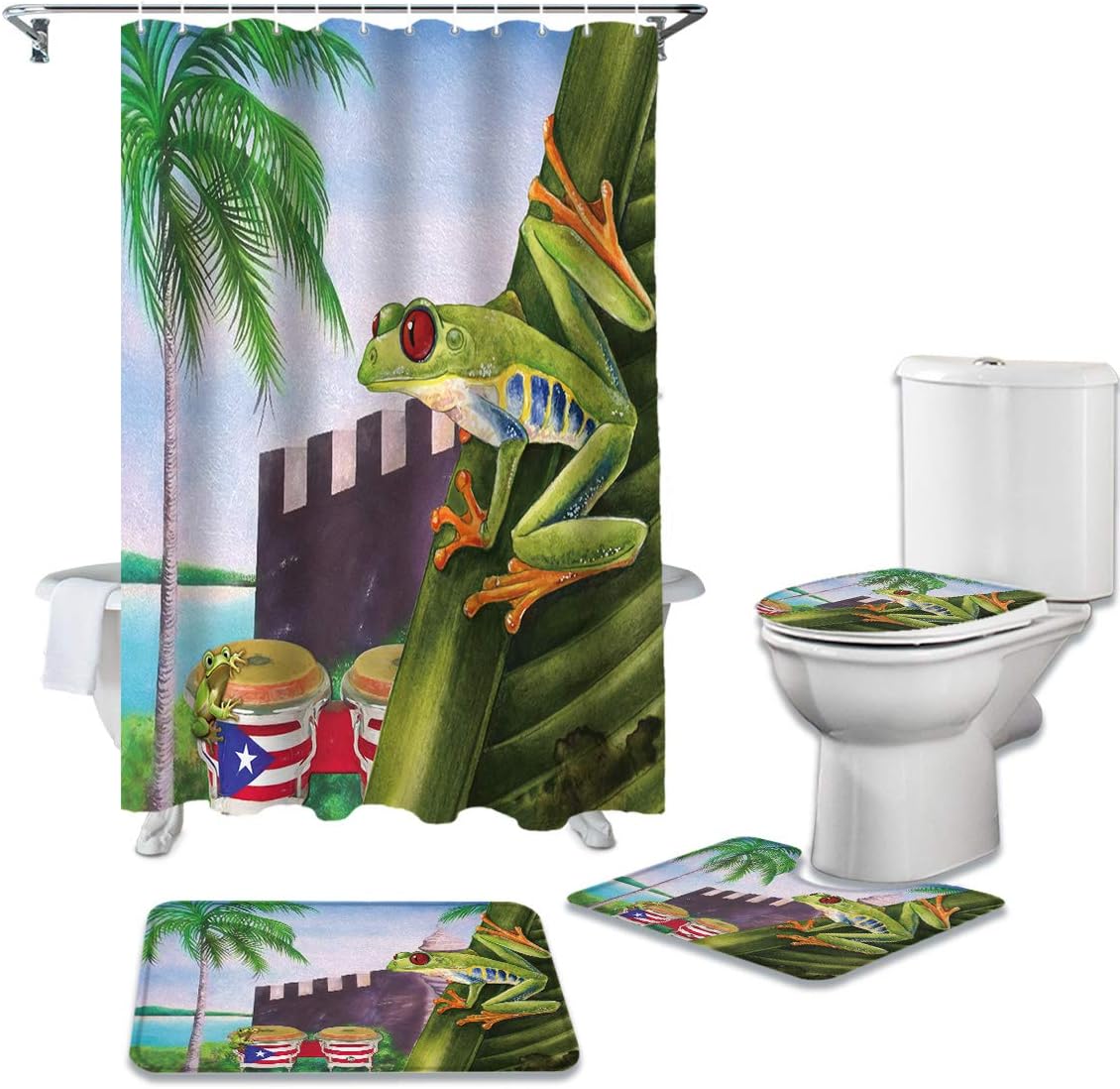 Puerto Rico Flag Frog Vintage Tropical Plant Coconut Tree Print Shower Curtain - Image 2