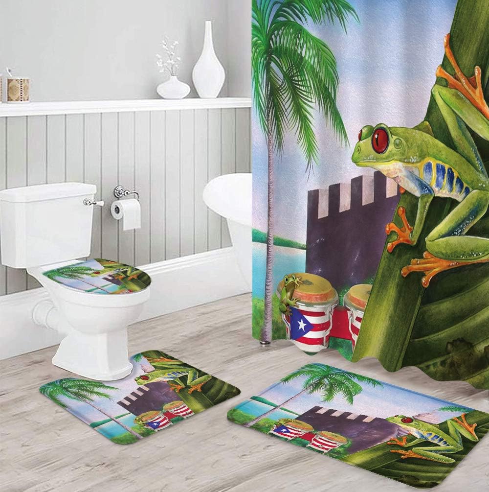 Puerto Rico Flag Frog Vintage Tropical Plant Coconut Tree Print Shower Curtain - Image 3