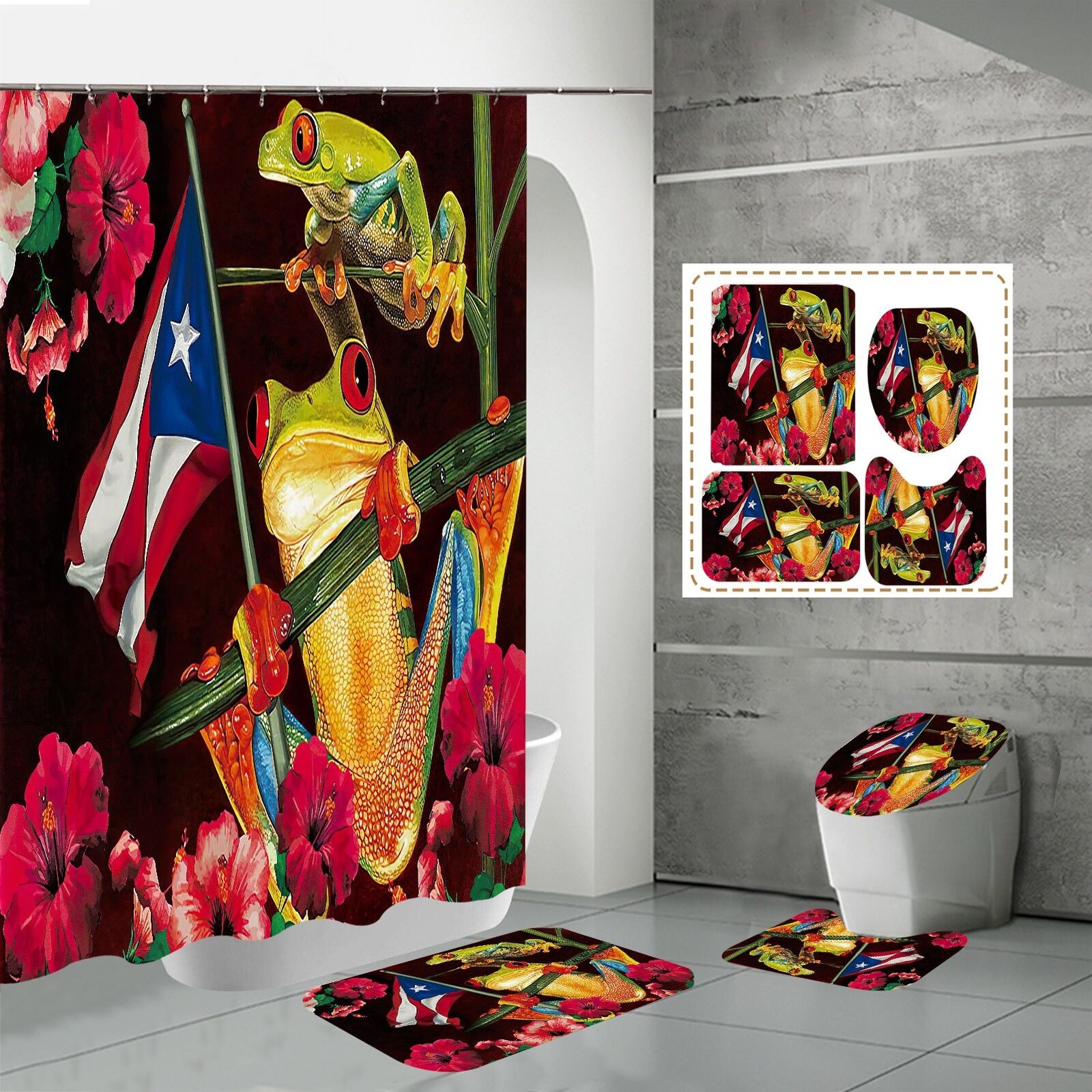 Puerto Rico Flag Frog Waterproof Shower Curtain