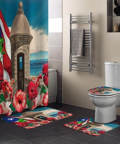 Puerto Rico Flag Frog With Awesome Hibiscus Ocean Coastal Architecture Unique Bathroom Shower Curtain Sets