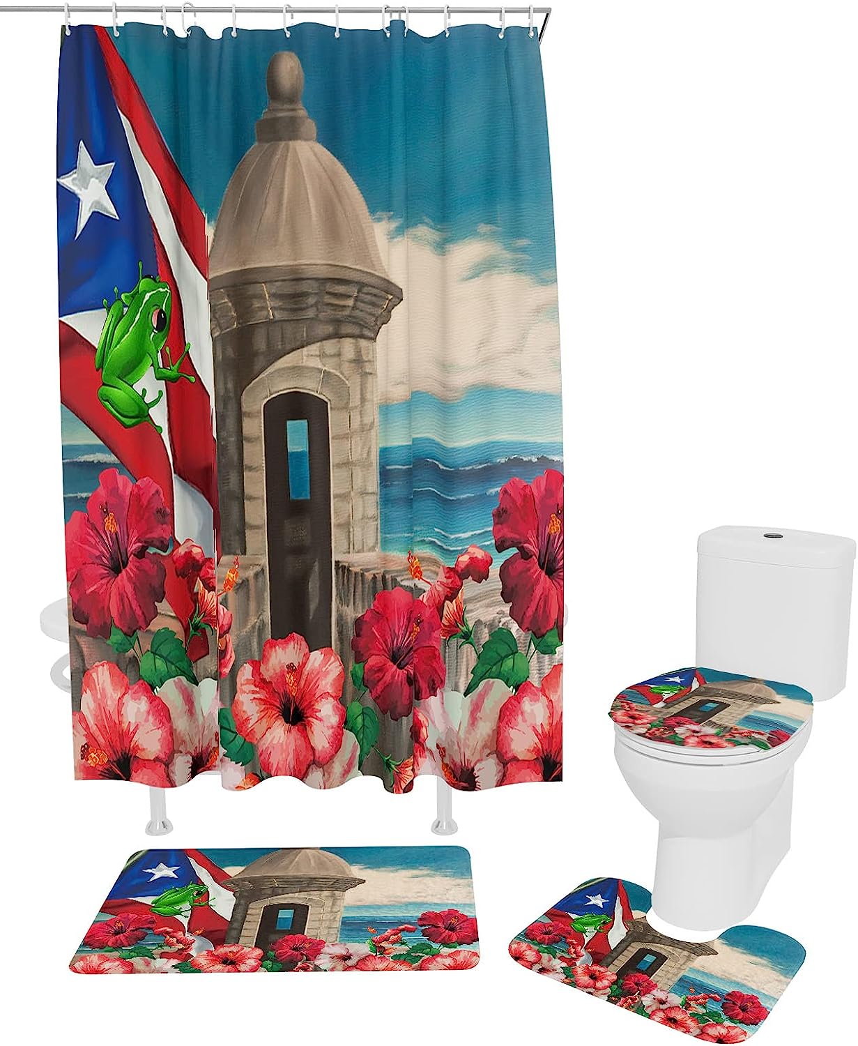 Puerto Rico Flag Frog With Awesome Hibiscus Ocean Coastal Architecture Unique Bathroom Shower Curtain Sets - Image 2